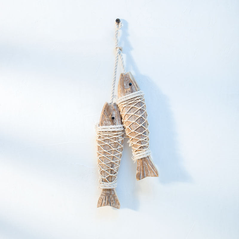 Mediterranean Wooden Fish Wall Hanging – Coastal Rope Decor (Set of 2)