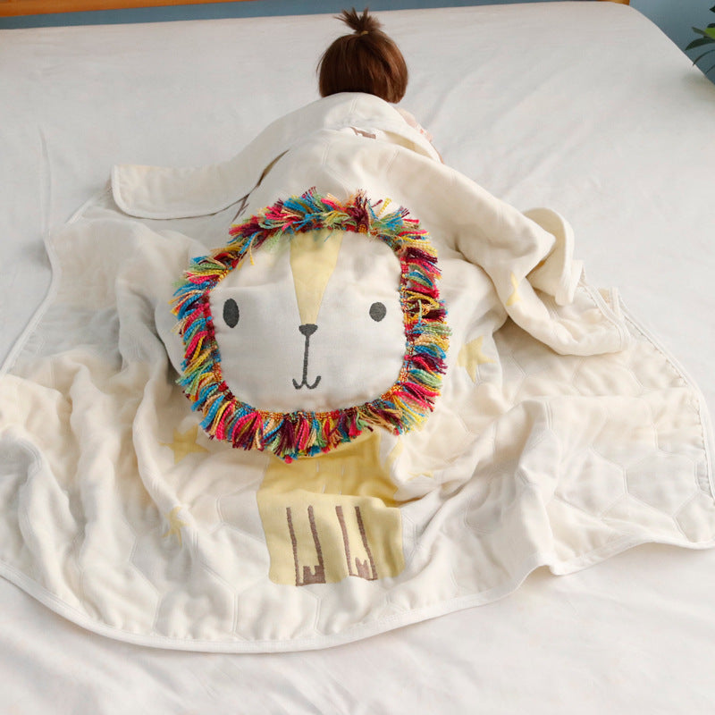 Fringed Lion Cotton Gauze Blanket