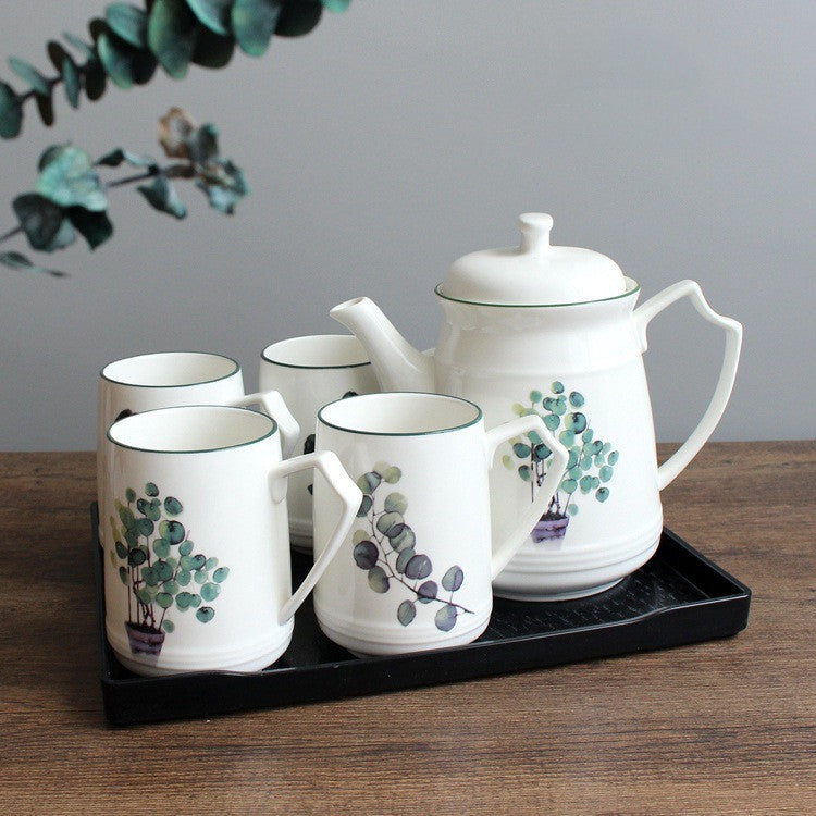 Nordic Botanical Ceramic Coffee Set – Teapot & Cup Collection