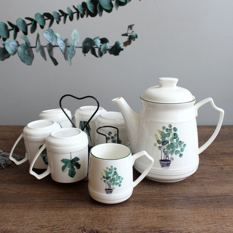 Nordic Botanical Ceramic Coffee Set – Teapot & Cup Collection
