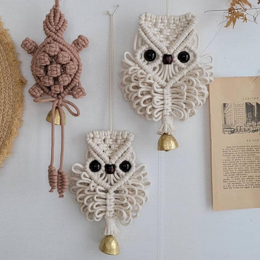 Handwoven Cotton Owl Wall Hanging with Bell