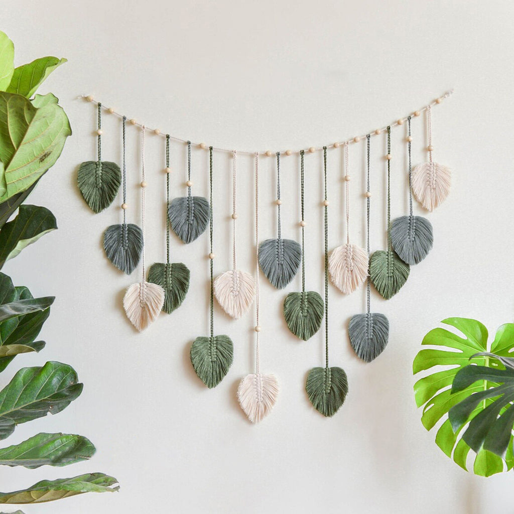 Nordic Leaf Wall Tapestry – Handwoven Cotton Hanging (120x75cm)