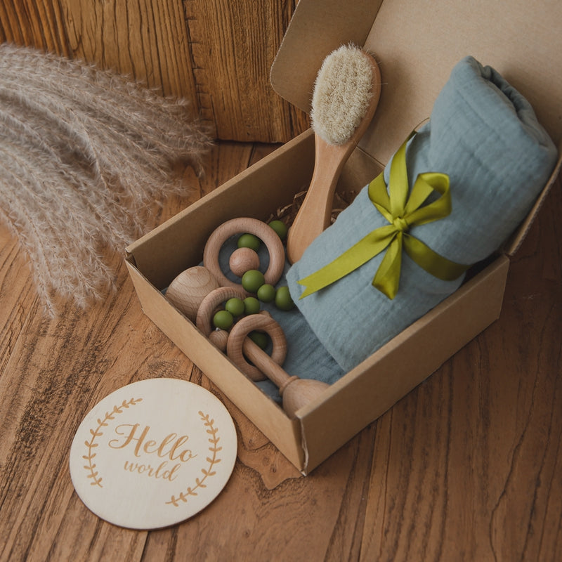 Natural Baby Gift Set – Wooden & Cotton Sensory Toy Collection (Multiple Colors)